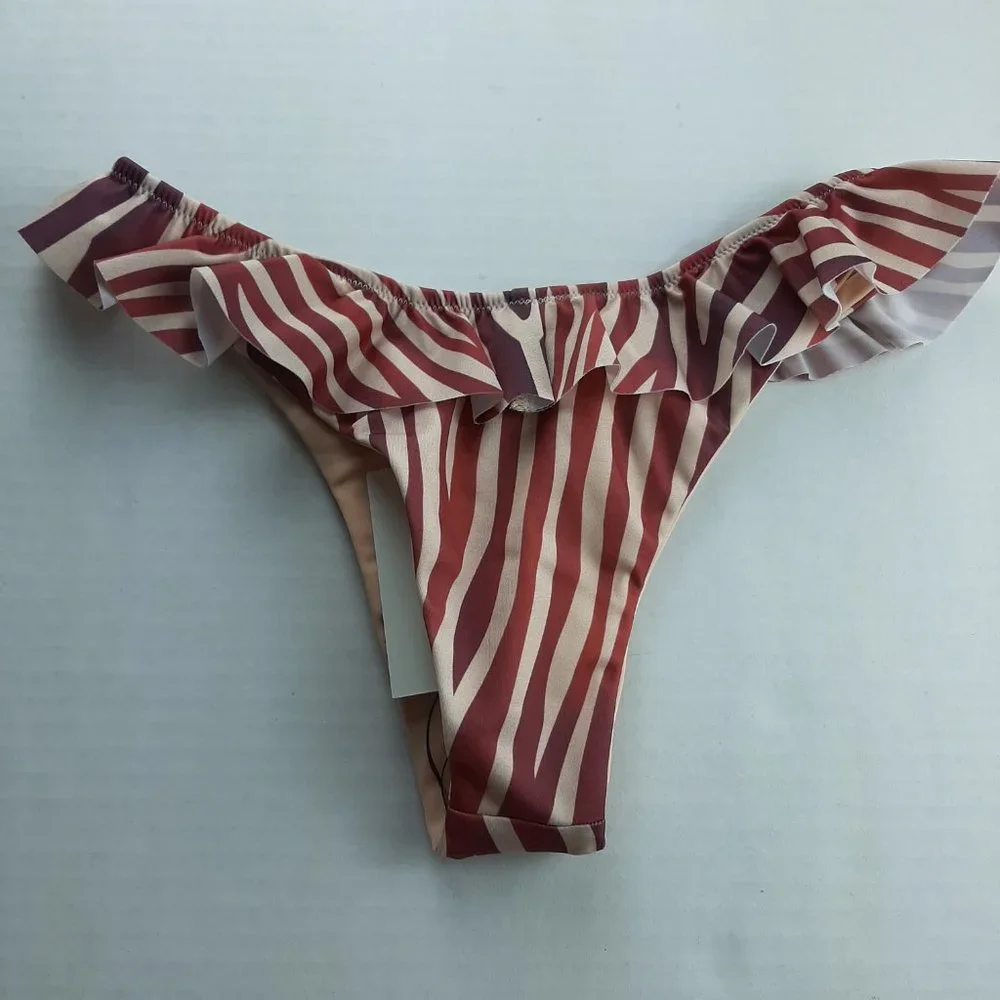 PLUMERIA SWIMWEAR Womens Bikini Bottom Size Small Beige Burgundy Stripes Ruffles